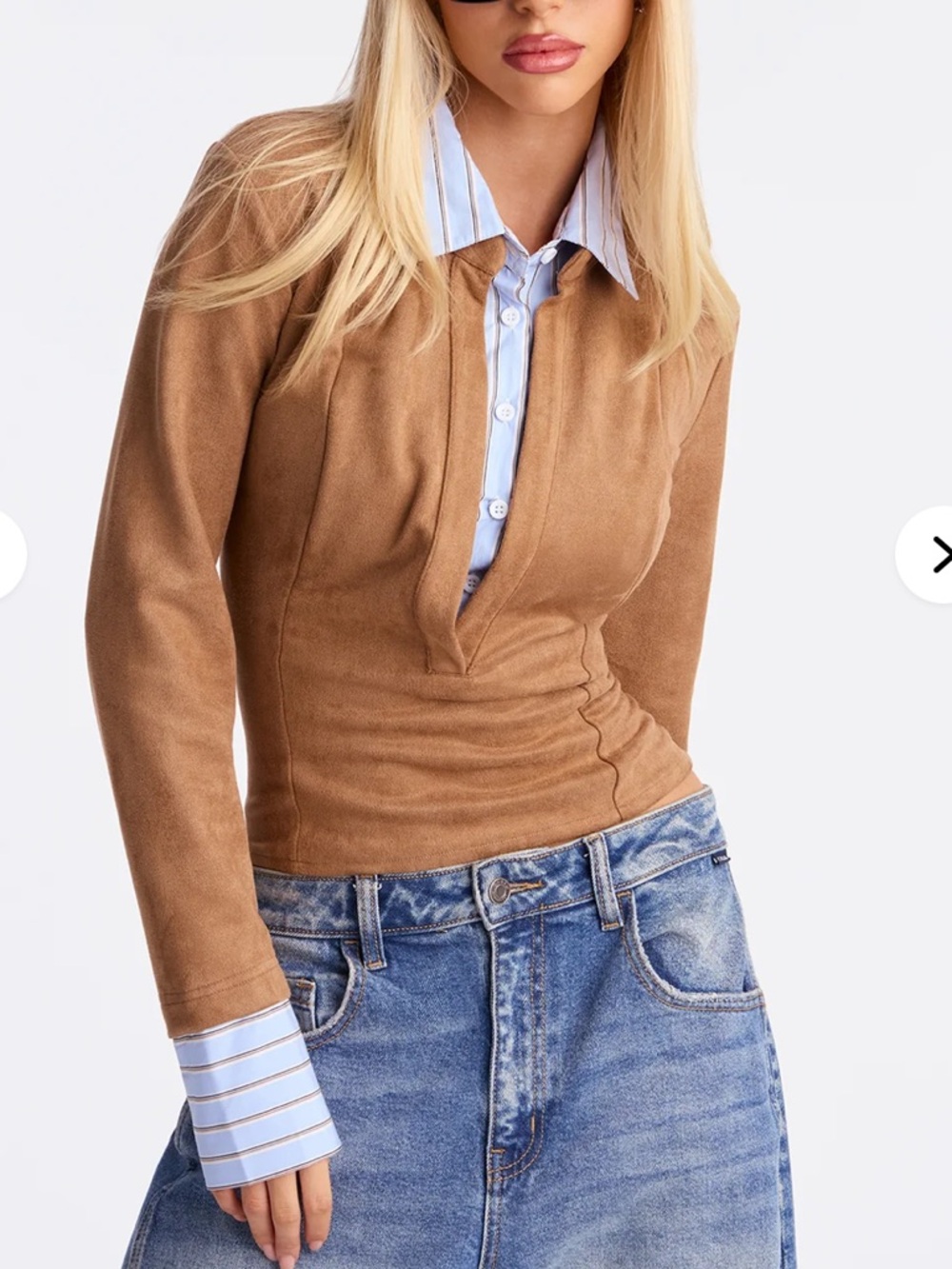 Faux Suede Collar Button Up Top